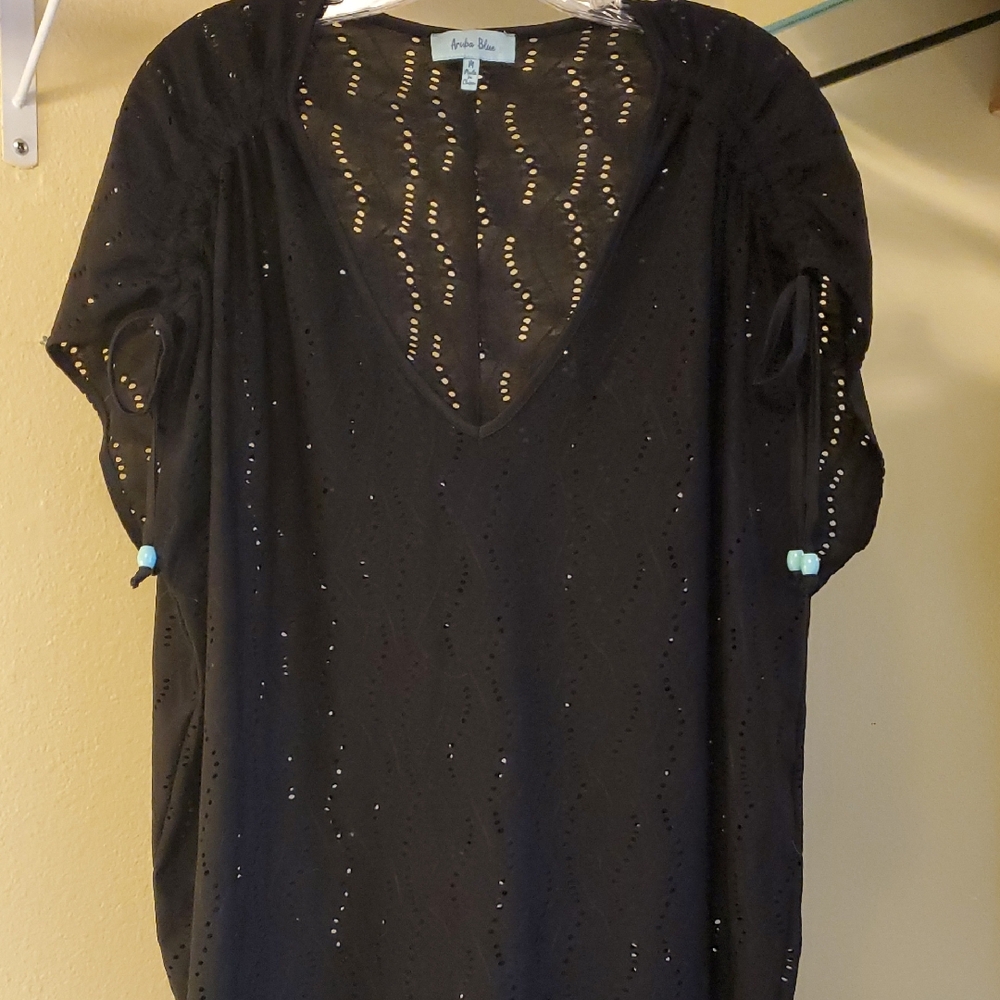 Aruba Blue Swimsuit Black Eyelet V-Neck Coverup Sz Med